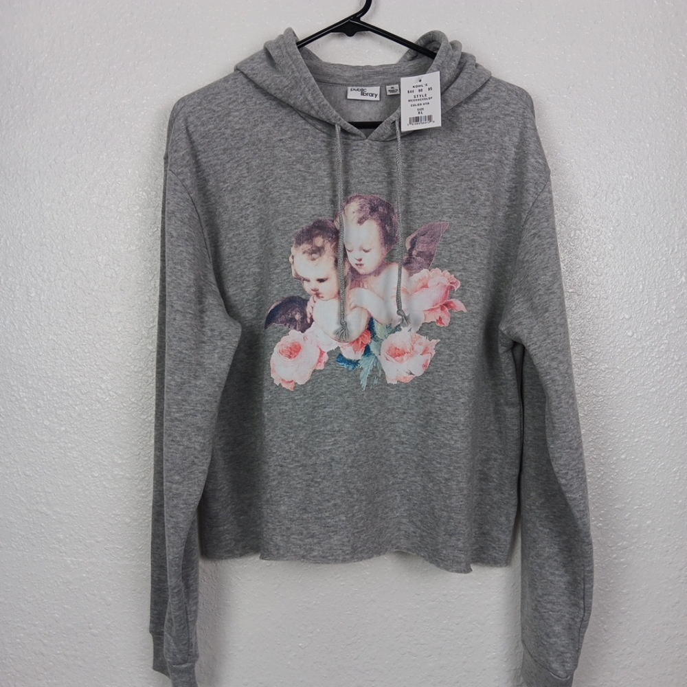 Public Library Hoodie XL Gray Cherubs Graphics Sweatshirt Pullover
